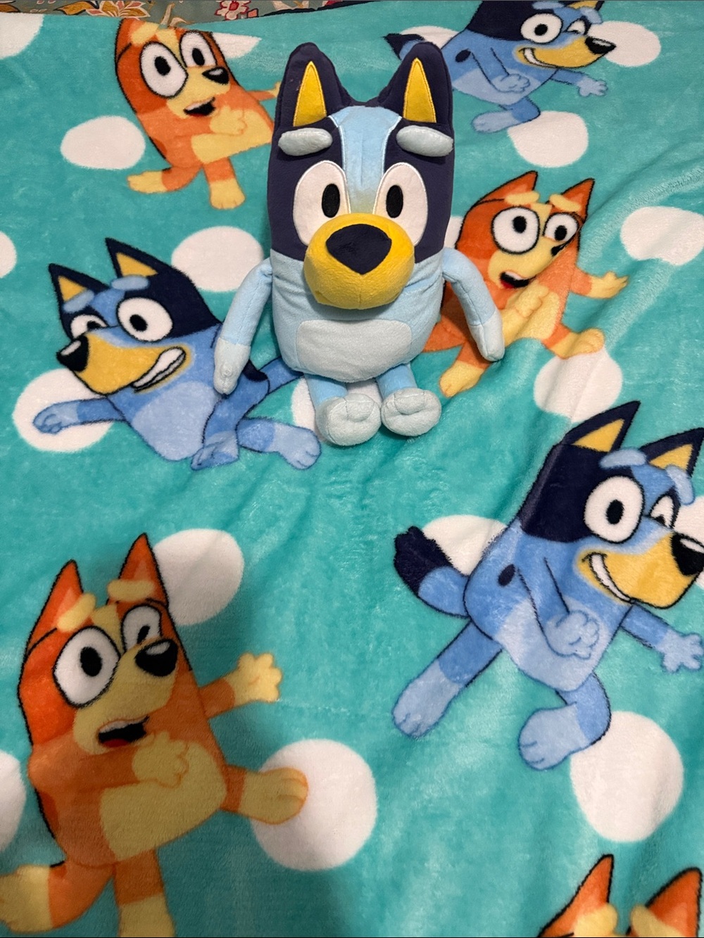 Bluey talking toy with Matching Turquoise Character small throw Blanket